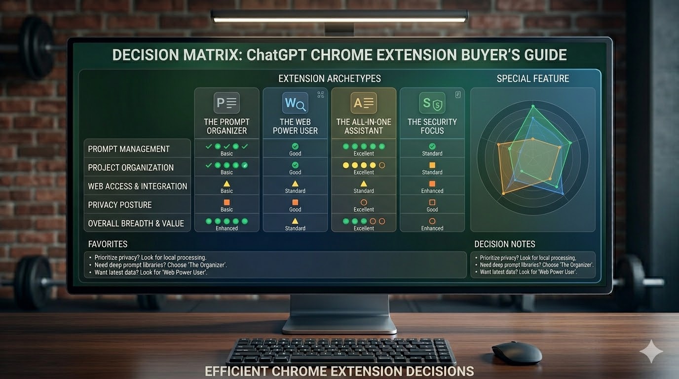 Decision matrix for choosing a ChatGPT Chrome extension based on organization, web access, privacy, prompt management, and tool breadth
